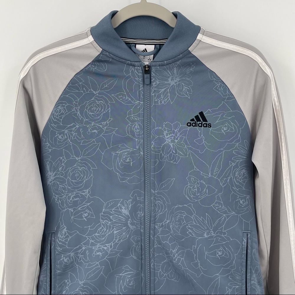 Adidas Zip Up Jacket Blue Floral Gray Sleeves with White Stripes Womens Small - Picture 3 of 15